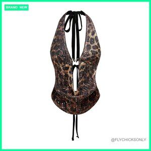 Sequin Cheetah Print Corset Halter Top Y2K Tie Back Crop